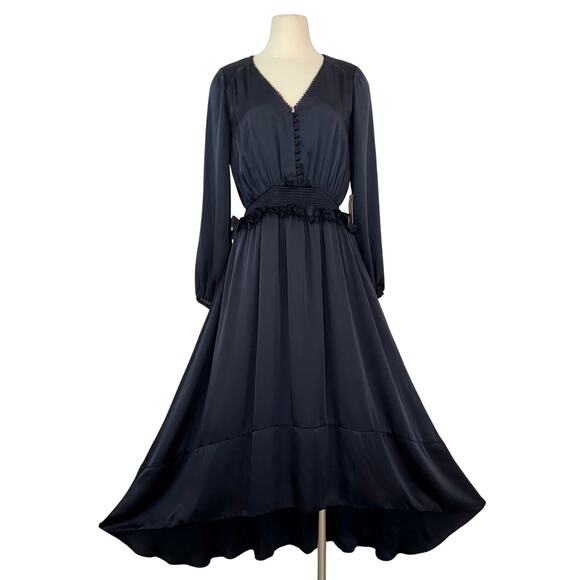 Monique Lhuillier Dresses & Skirts - Monique Lhuillier ML Navy Satin Dress High-Low Long Sleeve V-Neck 4 NWT